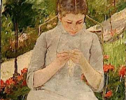 庭で縫い物をする若い女.jpg